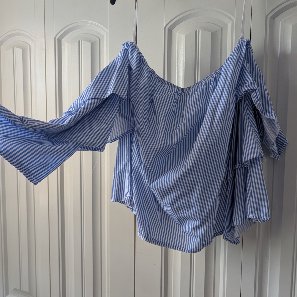 Dizzy Blue and White Striped Off-Shoulder Blouse